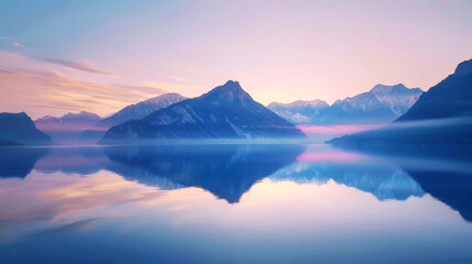 Tranquil Lake Reflecting a Mountain Range at Dawn, Perfect Mirror Image in Calm Waters