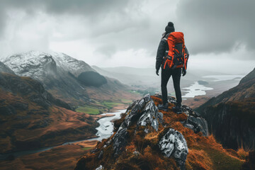 Adventurer atop a mountain peak overlooking a valley with dramatic weather - obrazy, fototapety, plakaty