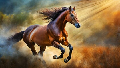 horse in the desert.a realistic animal poster wall art featuring a detailed depiction of a galloping horse, capturing the strength and dynamism of its movement. Pay attention to anatomy and muscle def
