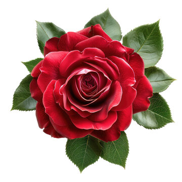 Red rose with leaves isolated on transparent background