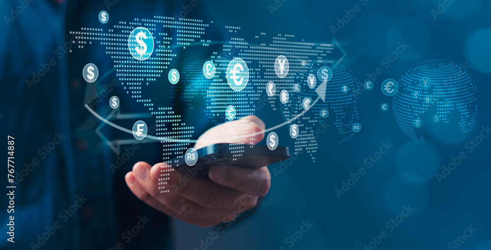 Poster a person is holding a cell phone and showing a map of the world with money symbols on it