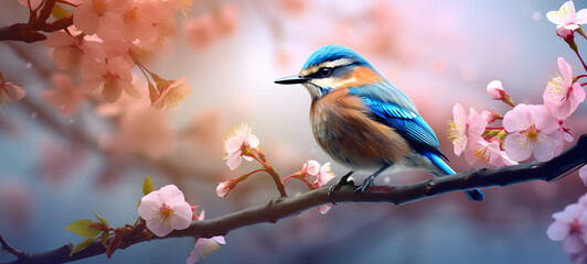 Obraz premium bokeh beautiful bird with flowers on beautiful background, ai generative