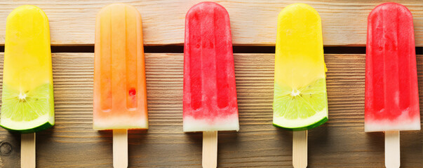 Yellow and red popsicles in watermelon tasty on wooden background top view