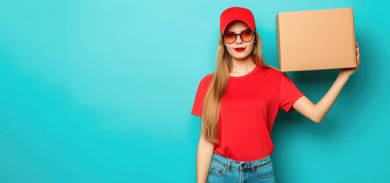 A mature woman in a red shirt holds a cardboard box. Delivery service concept.