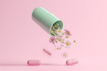 Open pastel blue medical pill with many flowers falling out. Medicine and healthy natural preparations. Close up of capsule. - obrazy, fototapety, plakaty