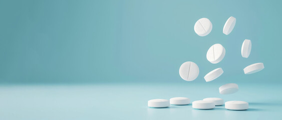 A group of white pills falling from a pill bottle, captured in mid-air