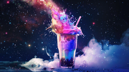 Obraz na płótnie Canvas photo of a milkshake in space where it looks like the milkyway is bursting from the milkshake , colorful content