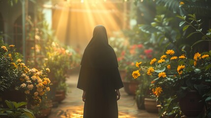 A woman in a black robe stands in a garden filled with flowers