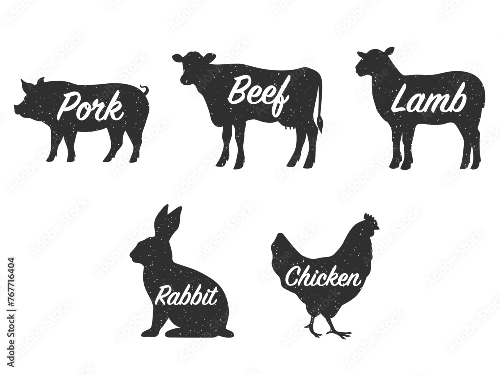 Wall mural collection of silhouettes of farm animals with a text beef, pork, lamb, rabbit and chicken. animals 