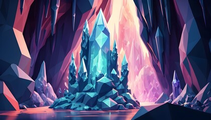Abstract holographic low-poly fantasy crystal glass blue stalagmites background