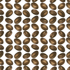 Seamless pattern of Argan tree seeds. Brown Argan nut with leaves. Watercolor illustration on a white background. Skin and hair care, vitamins in food and cosmetology. Template for packaging, textiles