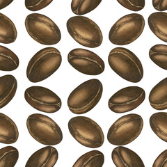 Seamless pattern of Argan tree seeds. Brown Argan nut with leaves. Watercolor illustration on a white background. Skin and hair care, vitamins in food and cosmetology. Template for packaging, textiles