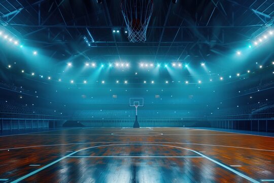 Empty basketball arena stadium sports ground with flashlights and fan sits