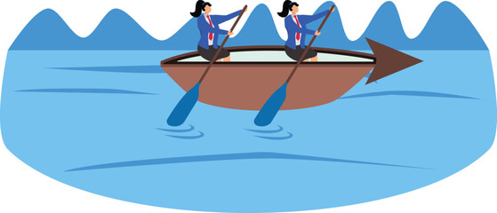 Exploring the way forward, finding goals for business or career development, charting a course forward, businesswomen standing in an arrow boat paddling forward
