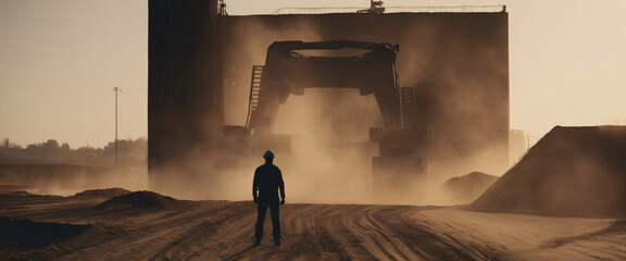 A silhouette of a person standing in front of a Excavator Loading Sand In Industrial Truck - obrazy, fototapety, plakaty