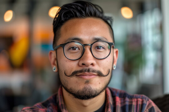 A man with glasses and a beard is smiling. He is wearing a grey shirt. The image has a casual and friendly mood. portrait of an employee, mexican, medium close up, in a conferencing
