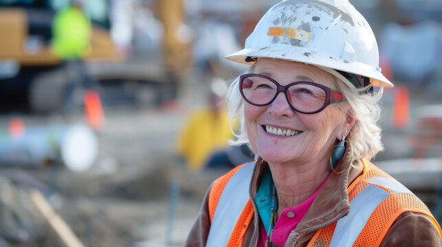 An older woman, in a hard hat and work vest, smirks while at a construction site.