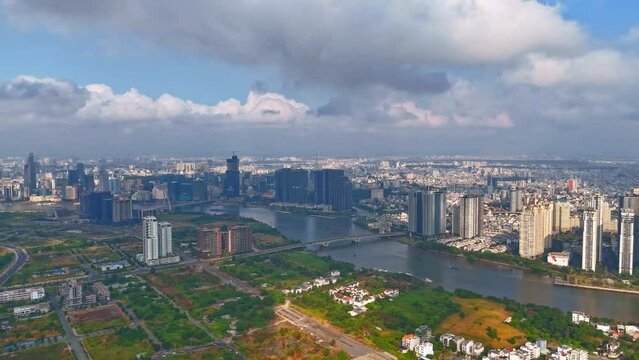 Hyper lapse of aerial view Ho Chi Minh city with Landmark building and Saigon river