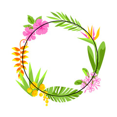 Frame with tropical flowers. Decorative exotic foliage and plants. - 767717604