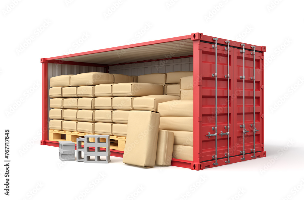 Poster 3d rendering of red shipping container filled with packs, bricks and wooden pallets isolated on whit