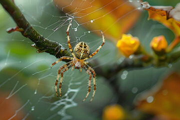 a close up of a spider on a web on a tree branch with water droplets on it's back and a blurry background of leaves and yellow flowers.