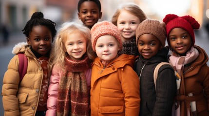 Fototapeta premium Diverse group of multiethnic children standing together and smiling at the camera in unity