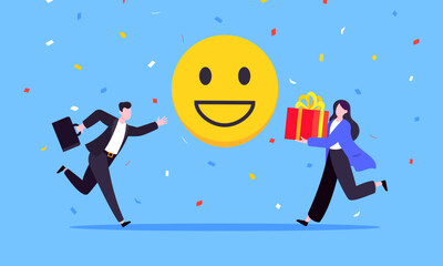 Employee wellbeing and positive emotions attitude business concept flat style vector illustration. Business people run toward positive emoticons. Happy mood, workplace customer satisfaction feedback