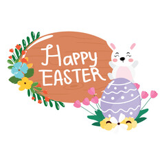 Fototapeta premium kawaii bunny white with easter egg and wooden sign