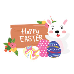 kawaii bunny white with easter egg and wooden sign