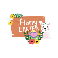 kawaii bunny white with easter egg and wooden sign