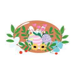 set of stock easter celebration, wooden sign, easter egg, flower, leaf, basket