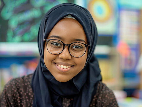 Portrait of a young Afghanistan beautiful female muslim school girl with glasses. Concept of women's rights and feminism