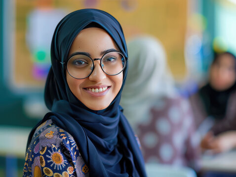 Portrait of a young Afghanistan beautiful female muslim school girl with glasses. Concept of women's rights and feminism
