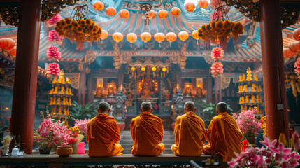 Naklejka premium Buddhist monks performing rituals and offering prayers for the New Year, ai 