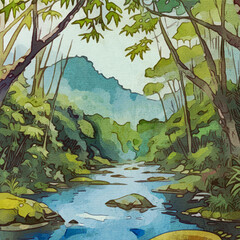 Watercolor painting on canvas. Artistic brush strokes. Jungle landscape for printing on wall decorations. Generated by Ai