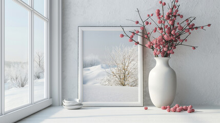 A delicate vase adorns a tall white window, resting on a white wooden table. A framed picture of a snowy landscape serves as the background. - obrazy, fototapety, plakaty