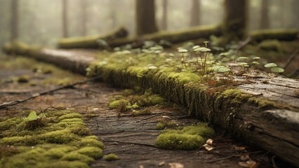 Explore the rich tapestry of life in the forest, where chunks of wood provide a canvas for the lush green moss to create a stunning display of natural artistry.