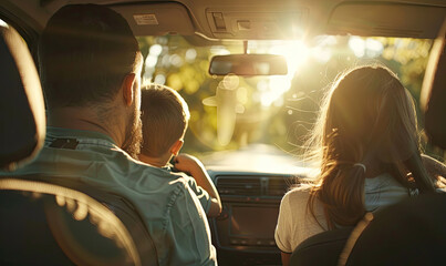 Realistic photo, family going on a trip in the car, sunny day, soft focus - obrazy, fototapety, plakaty
