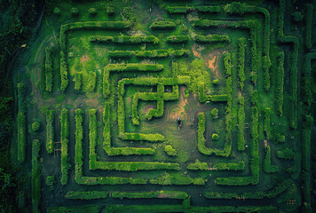 A labyrinth made of hedges in the middle of an enchanted forest, an aerial view, a small figure is lost among them