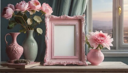 still life with flowers Close up pink Frame Mockup In the Interior living room spring  beautiful