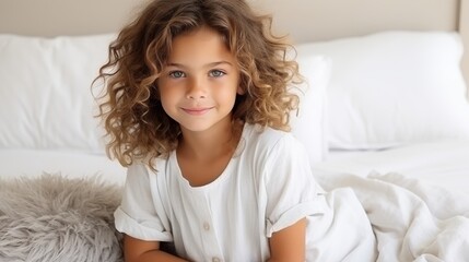 Naklejka premium Charming little girl sitting on bed with blank space, ideal for family lifestyle content