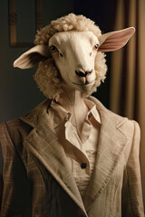 Ms Sheep Head is wearing a beige suit with a bright style, top light, and movie level visuals