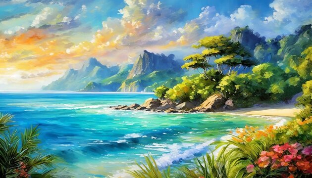 beach.a captivating nature poster wall art featuring a serene coastal scene, capturing the beauty and tranquility of the sea. Use a vibrant color palette to depict the azure waters, sandy shores, and 