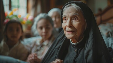 an elderly nun is sitting in front of a group of children - obrazy, fototapety, plakaty