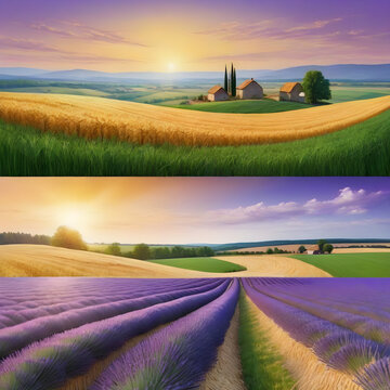 a panoramic natural landscape with green grass, a golden field of harvested wheat with bales and a field with lavender. Three paintings in one