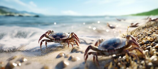A crab is walking on the beach, with the water and sand reflecting its image - obrazy, fototapety, plakaty