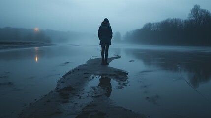 lone figure stands on misty riverbank under a dim evening light - Powered by Adobe