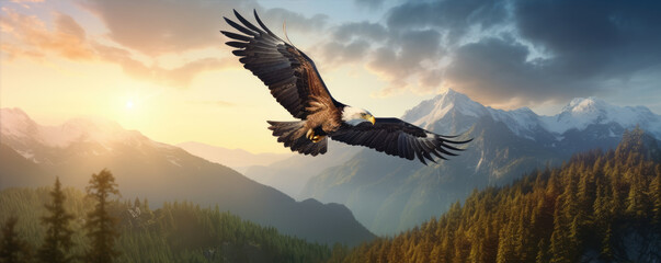 Majestic eagle bird soaring over mountains.