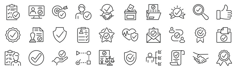 Set of 30 outline icons related to checkmark, validation. Linear icon collection. Editable stroke. Vector illustration - 767722827