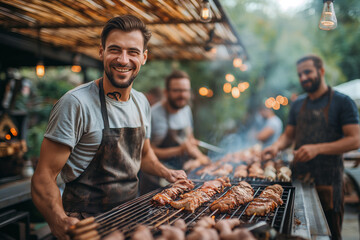 Group of smiling men cooking meat on the grill at an outdoor barbecue party, having fun together. Barbecue event with men cooking meat on the grill outdoors. - obrazy, fototapety, plakaty